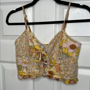 American Eagle Outfitters Floral Lace-Up Crop Top - Yellow and Brown